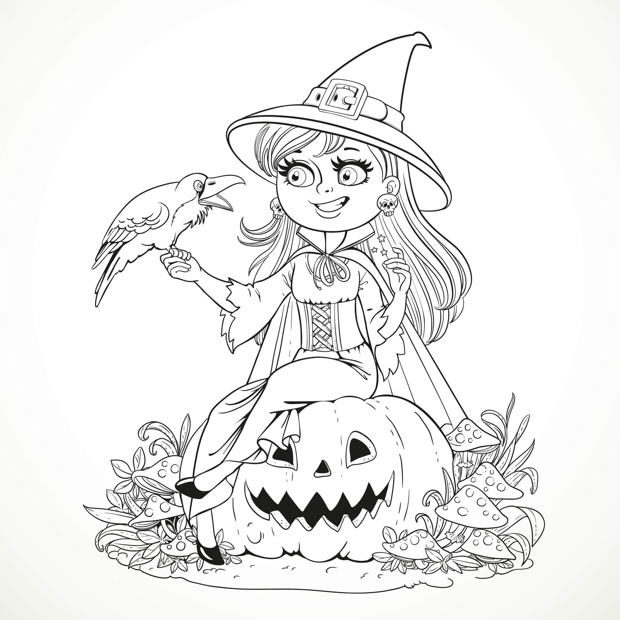 Dibujo de Bruja Niña Sentado y Cuervo para Colorear y Imprimir