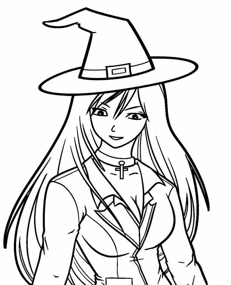 Dibujo de Bruja Niña Sonriente para Colorear y Imprimir