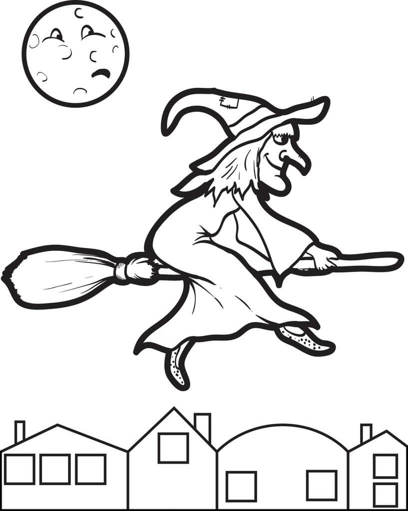 Dibujo de Bruja Volando En Halloween para Colorear y Imprimir