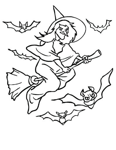 Dibujo de Bruja Volando y Murciélago para Colorear y Imprimir
