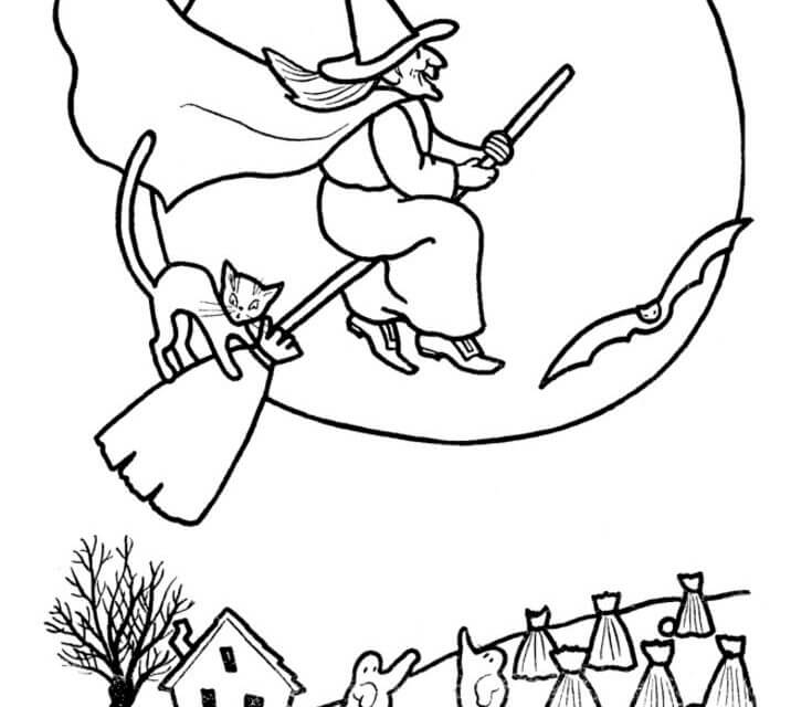 Dibujo de Bruja y Gato Volando para Colorear y Imprimir