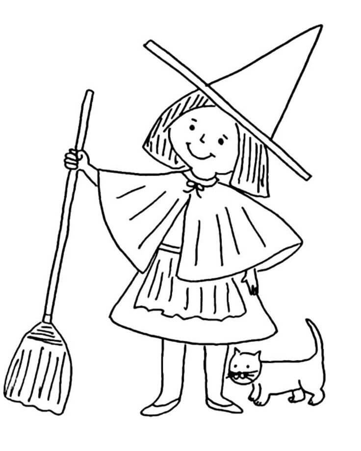 Dibujo de Dibujo de Niña Bruja y Gato para Colorear y Imprimir