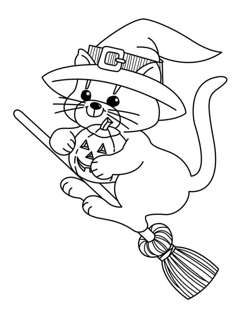 Dibujo de Gato Bruja Vuelo para Colorear y Imprimir