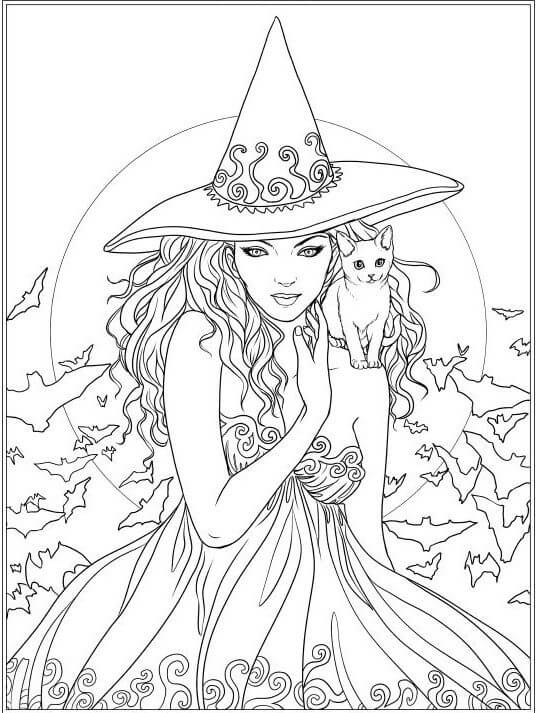 Dibujo de Hechicera Con Gato para Colorear y Imprimir