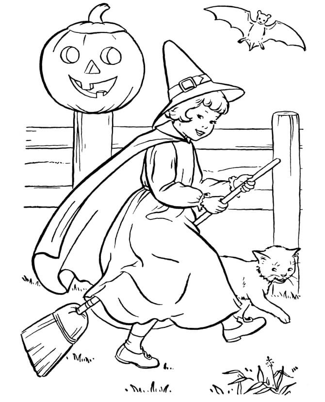 Dibujo de Lindo Bruja Niña y Gato para Colorear y Imprimir