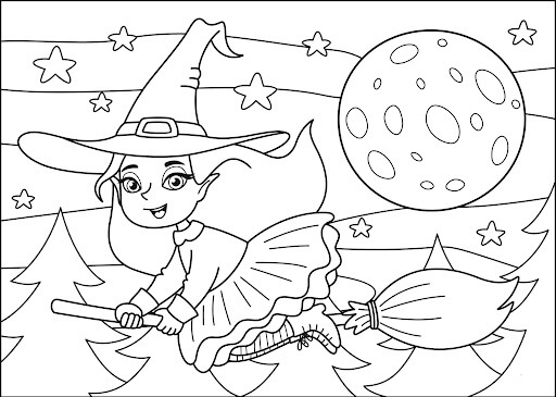 Dibujo de Niña Bruja Volando para Colorear y Imprimir