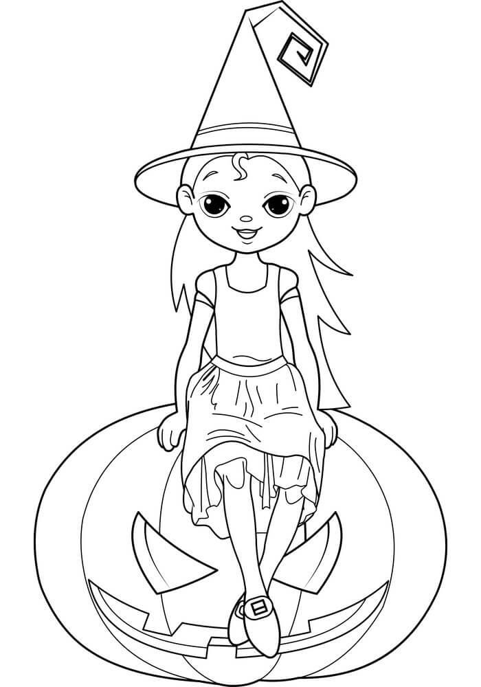Dibujo de Niña Bruja y Calabaza Grande para Colorear y Imprimir