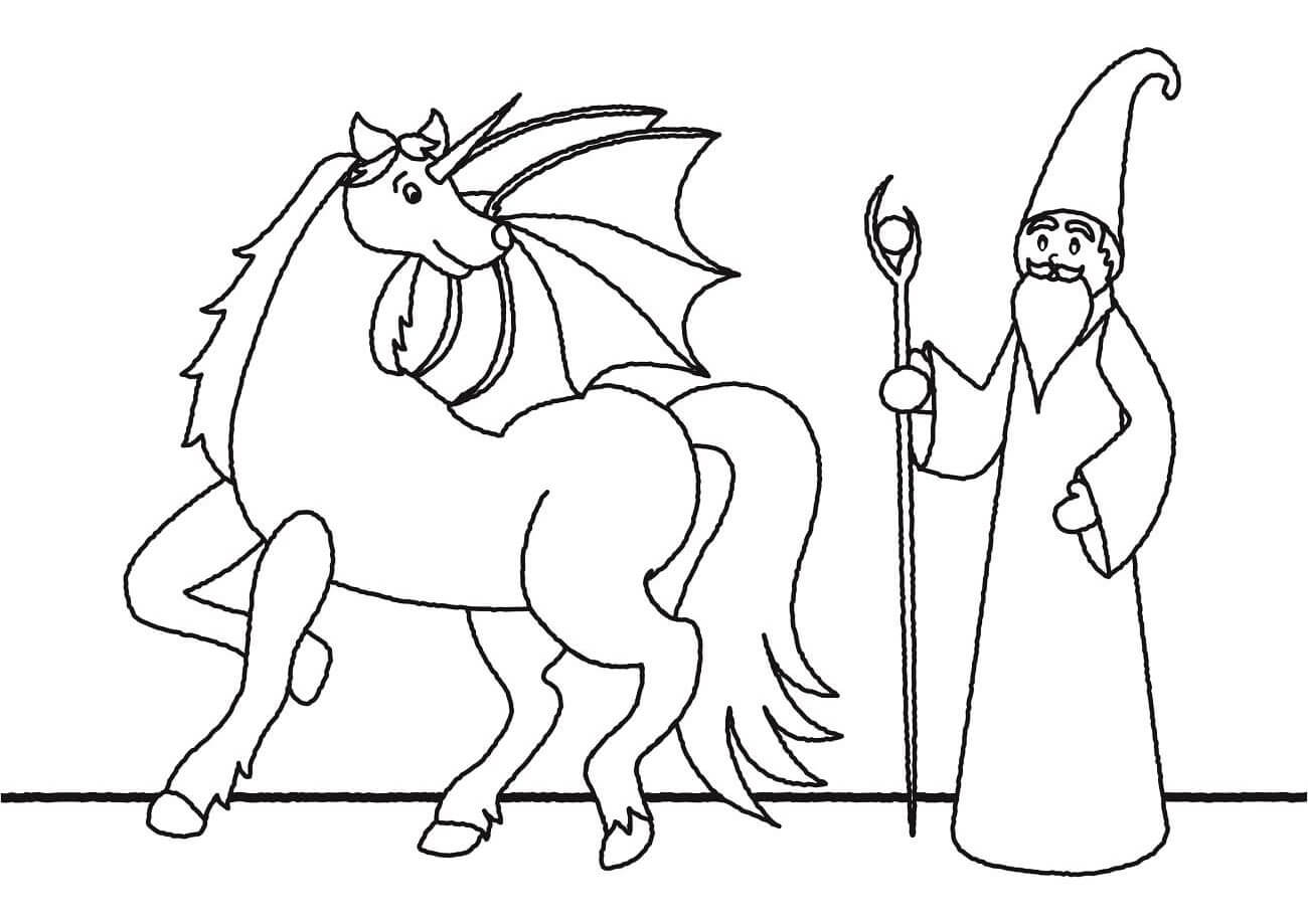 Dibujo de Unicornio y Bruja para Colorear y Imprimir