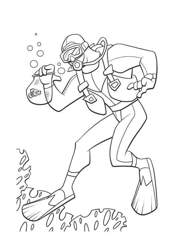 Dibujo de Buceador Pescando para Colorear y Imprimir
