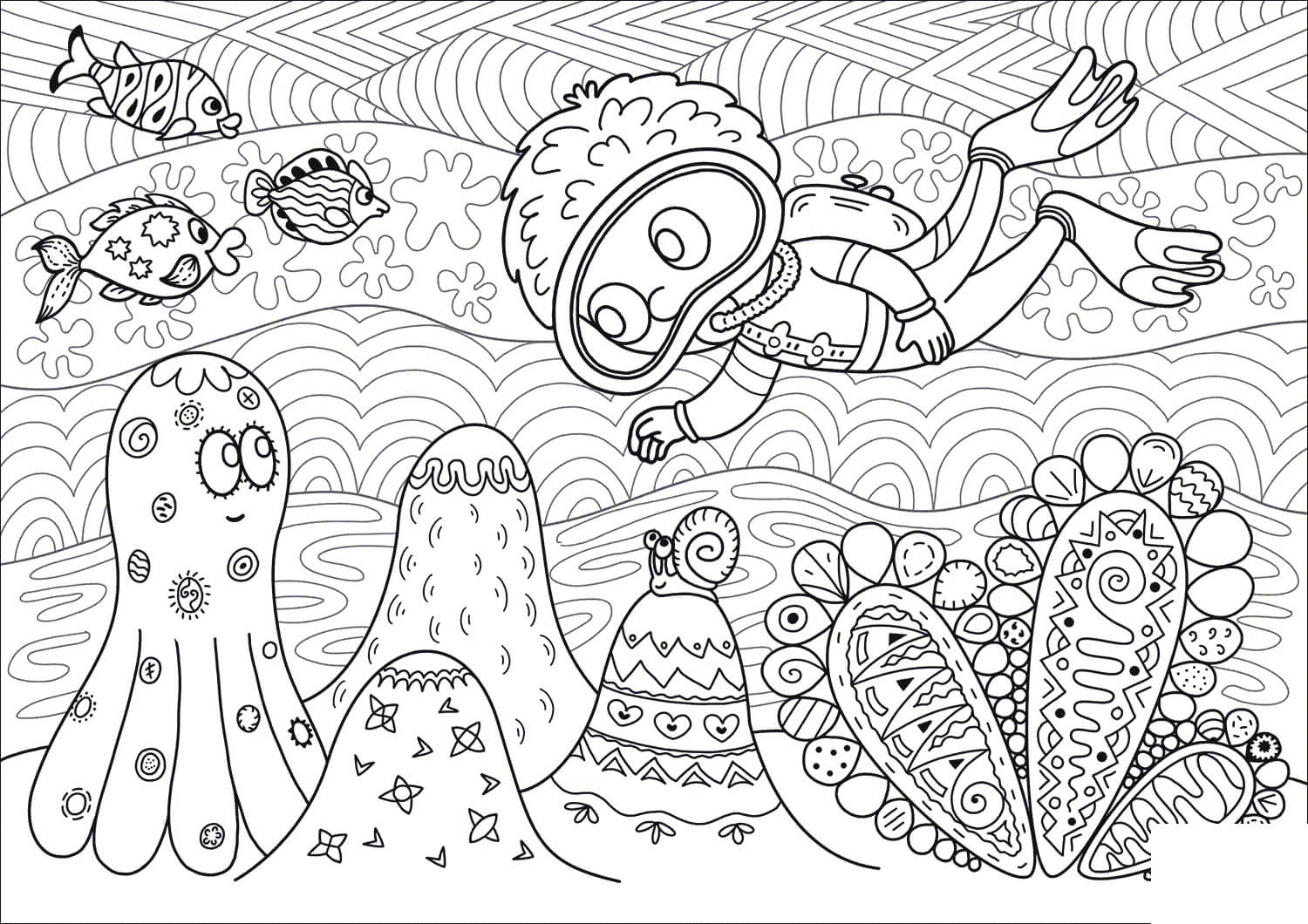 Dibujo de Buceo En Arrecifes de Coral para Colorear y Imprimir