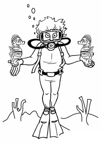 Dibujo de Buzo de Niño Con Caballito de Mar para Colorear y Imprimir