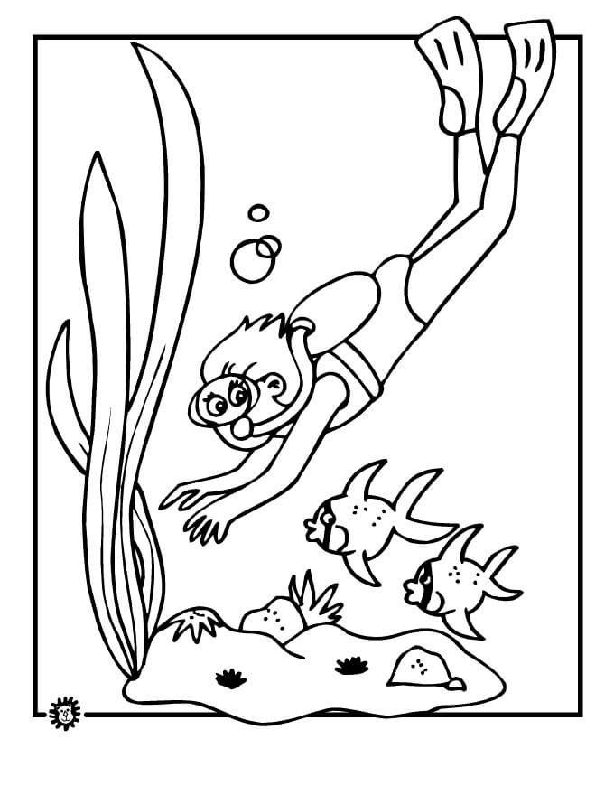 Dibujo de Buzo de Niño y dos Peces para Colorear y Imprimir