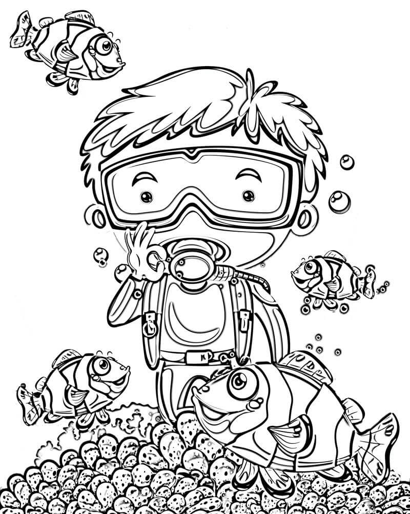 Dibujo de Mn Buceando Bajo El Agua Con Muchos Ppeces Payaso para Colorear y Imprimir
