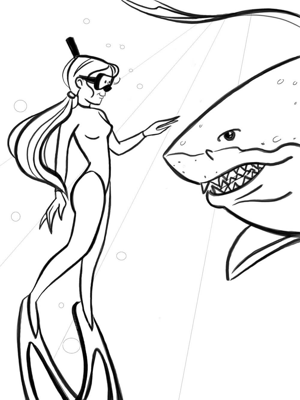 Dibujo de Niña Buceo y Tiburón para Colorear y Imprimir