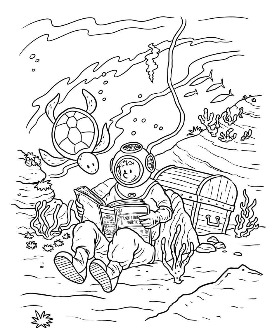 Dibujo de Niño Buceo Libro de Lectura En El Mar para Colorear y Imprimir