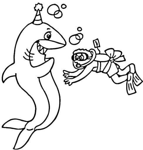 Dibujo de Niño Buzo y Tiburón Divertido para Colorear y Imprimir