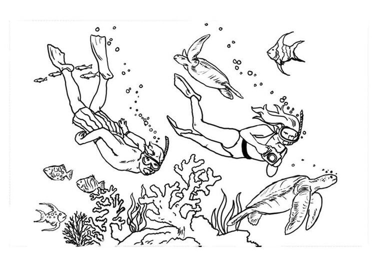 Dibujo de Niño y Niña Buceando Con Animales Marinos para Colorear y Imprimir