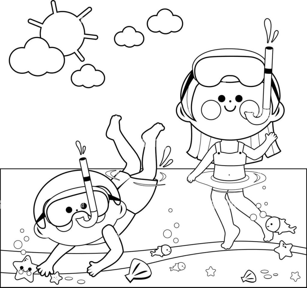 Dibujo de Niño y Niña Buceando para Colorear y Imprimir