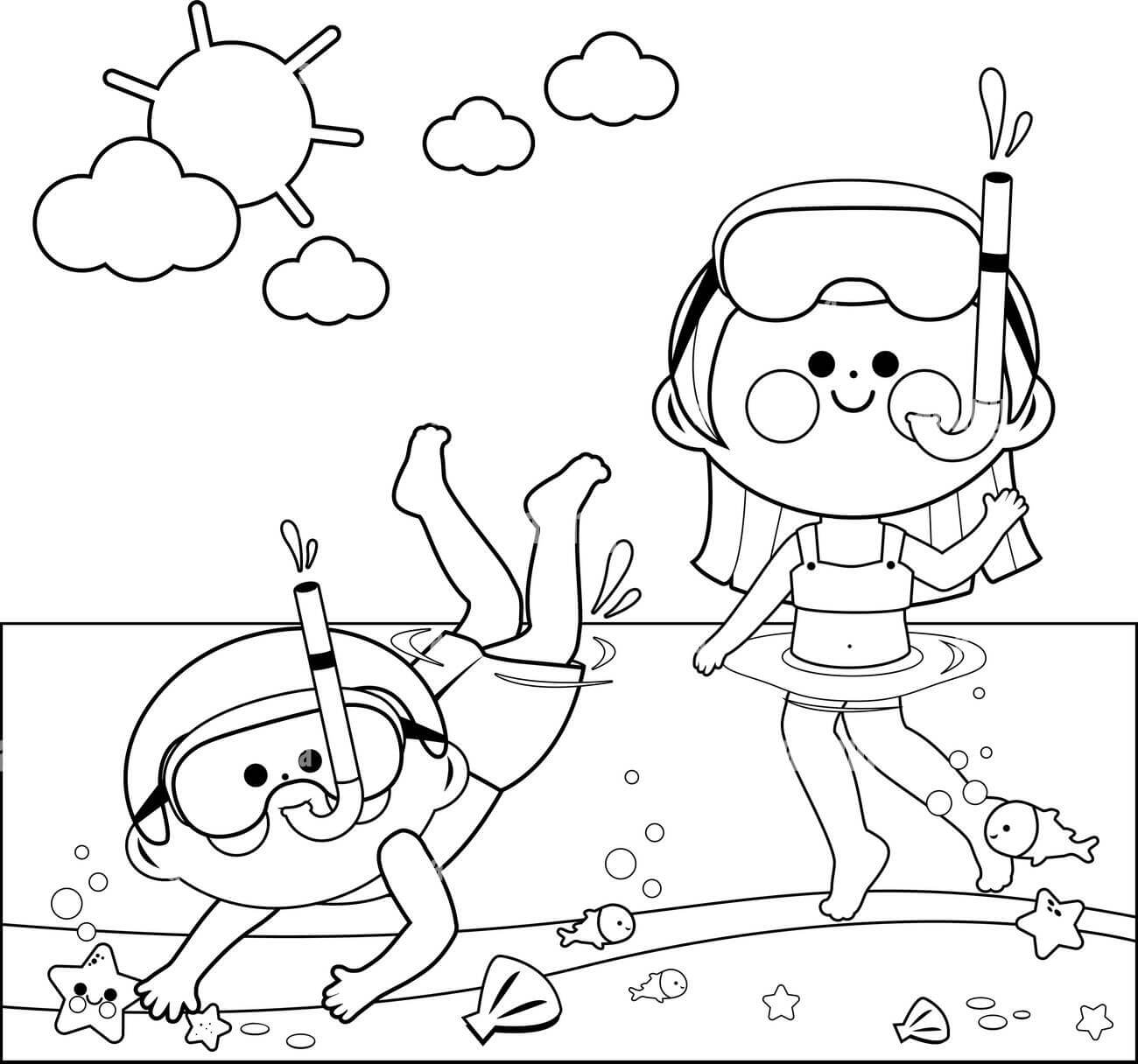 Dibujo de Niño y Niña Buceando para Colorear y Imprimir