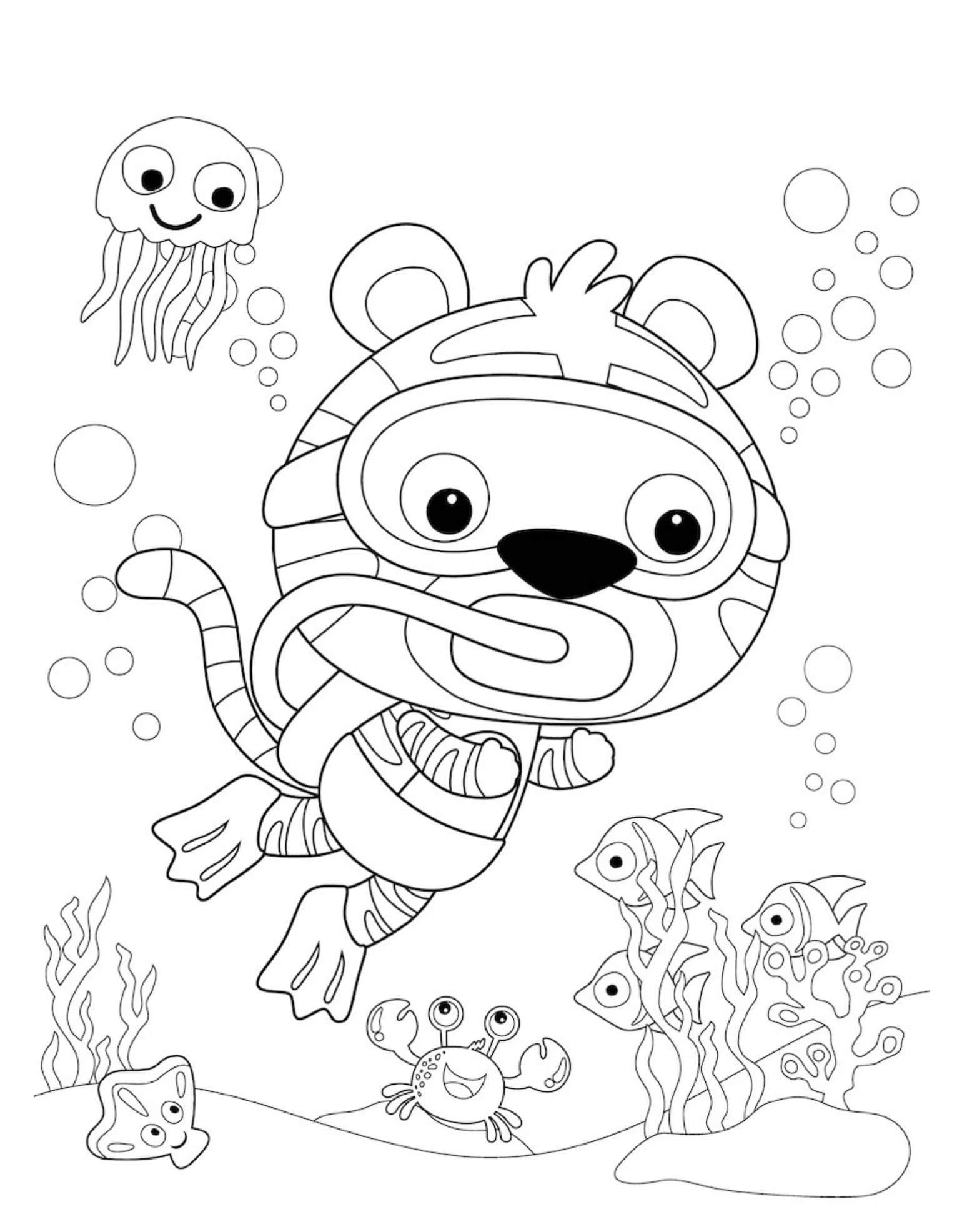 Dibujo de Tigre Bajo El Agua Buceo para Colorear y Imprimir