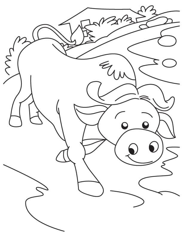 Dibujo de Bufalo de Dibujos Animados Sonriente para Colorear y Imprimir