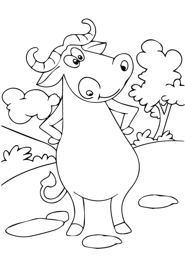 Dibujo de Bufalo Sonriente de Pie para Colorear y Imprimir
