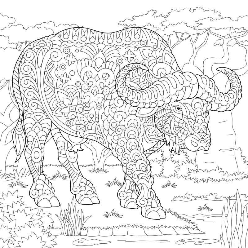 Dibujo de Bufalo Zentangle para Colorear y Imprimir