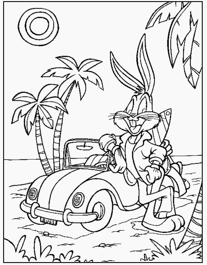 Dibujo de Bugs Bunny Con Coche En La Playa para Colorear y Imprimir