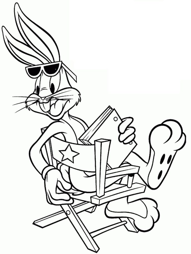 Dibujo de Bugs Bunny Sostiene Un Libro Sentado En Una Silla para Colorear y Imprimir