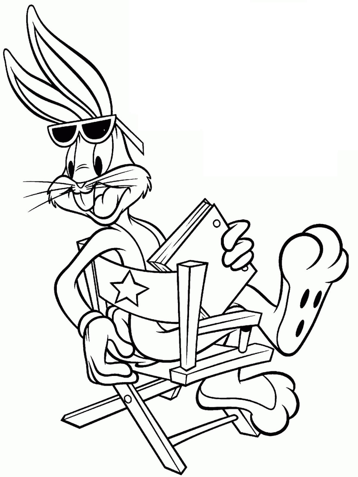 Dibujo de Bugs Bunny Sostiene Un Libro Sentado En Una Silla para Colorear y Imprimir