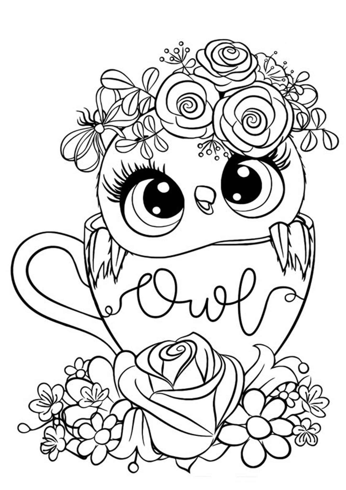 Dibujo de Búho Con Flores para Colorear y Imprimir