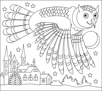 Dibujo de Búho de Dibujos Animados Volando para Colorear y Imprimir
