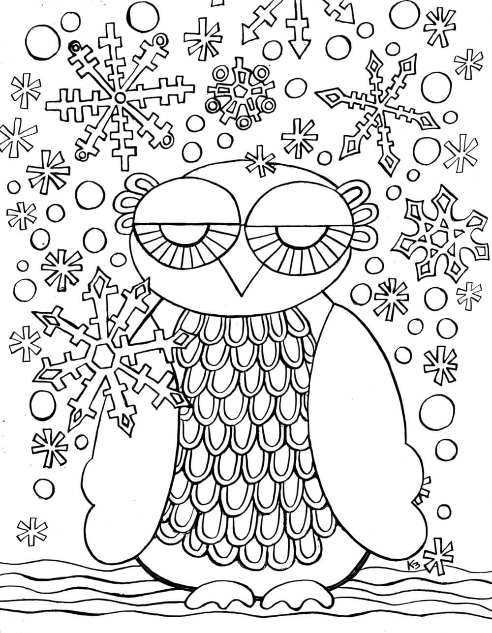 Dibujo de Búho En Invierno para Colorear y Imprimir