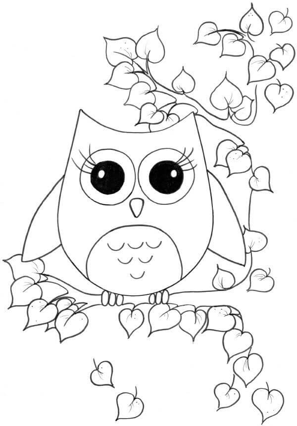 Dibujo de Búho En Rama de Árbol para Colorear y Imprimir