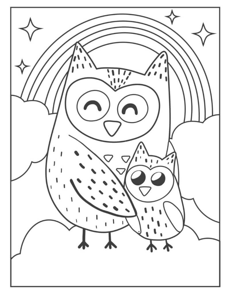Dibujo de Mamá Búho y Bebé Búho para Colorear y Imprimir