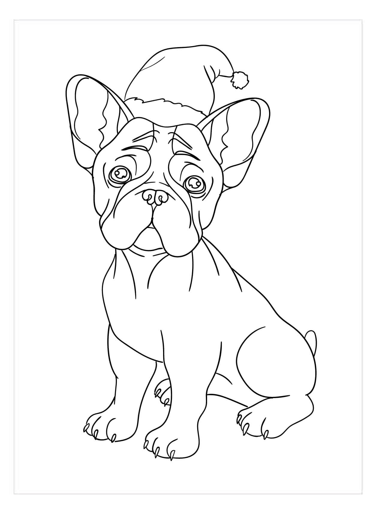 Dibujo de Bulldog Francés Con Gorro de Papá Noel para Colorear y Imprimir