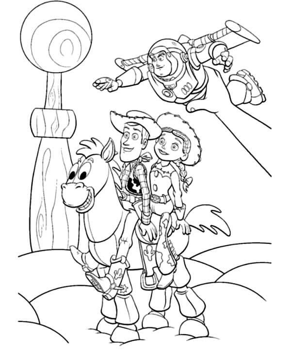 Dibujo de Woody Jessie Buzz y Bullseye para Colorear y Imprimir