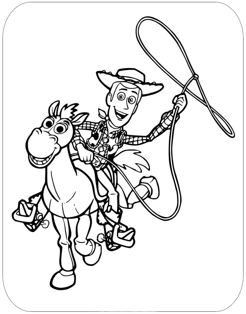 Dibujo de Woody Montando Bullseye para Colorear y Imprimir