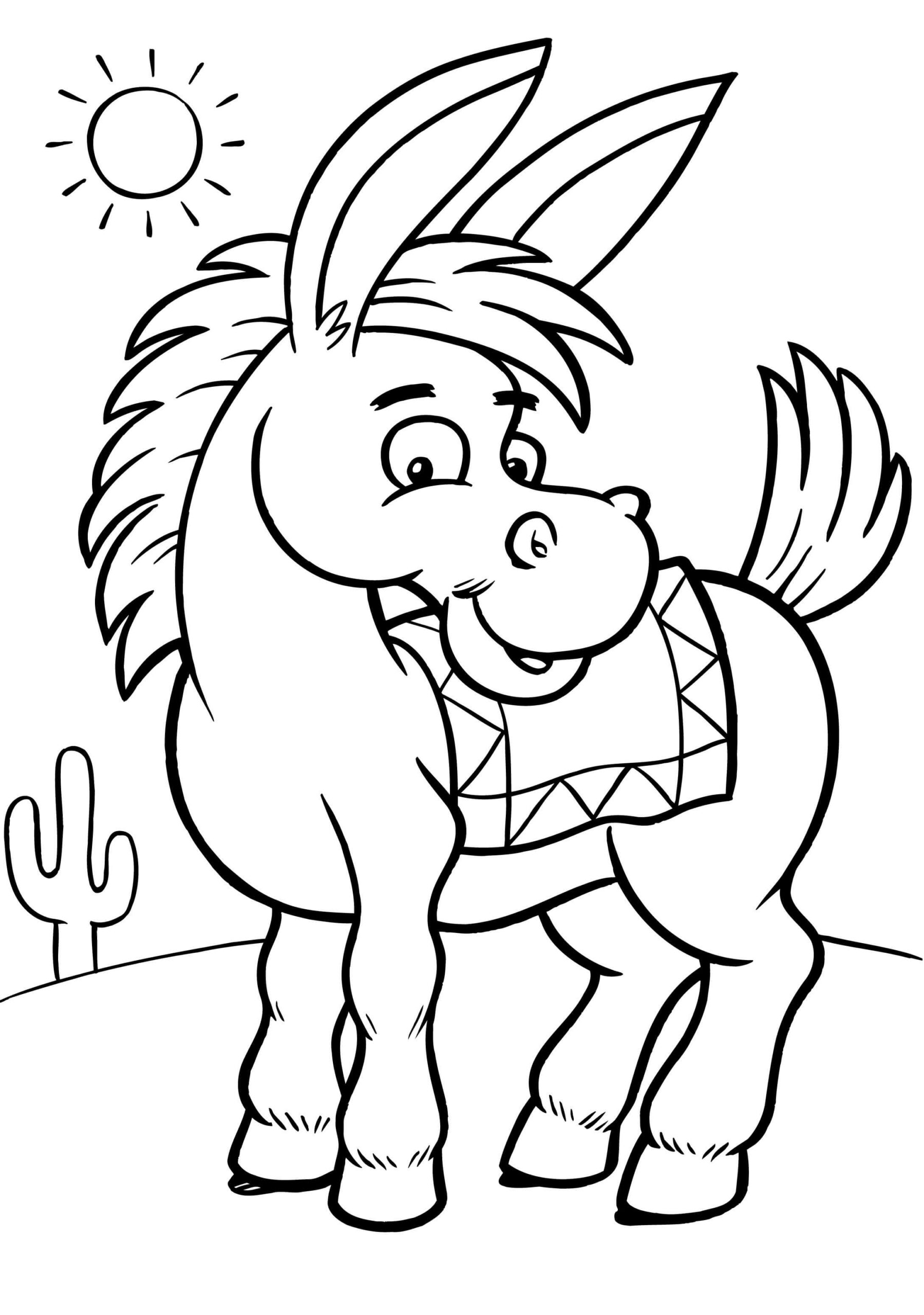 Dibujo de Burro de Dibujos Animados Sonriente Scaled para Colorear y Imprimir