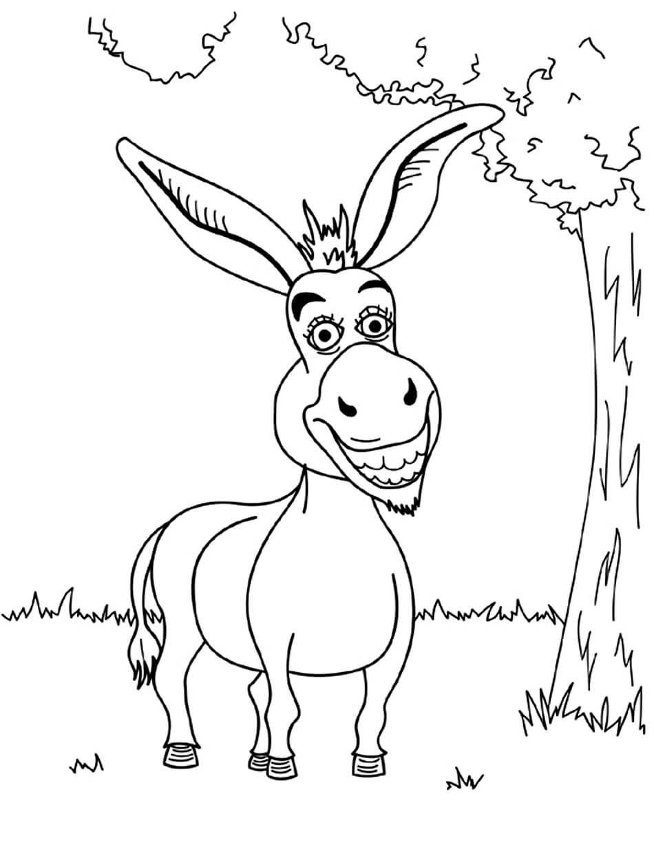 Dibujo de Burro Divertido Con Árbol para Colorear y Imprimir