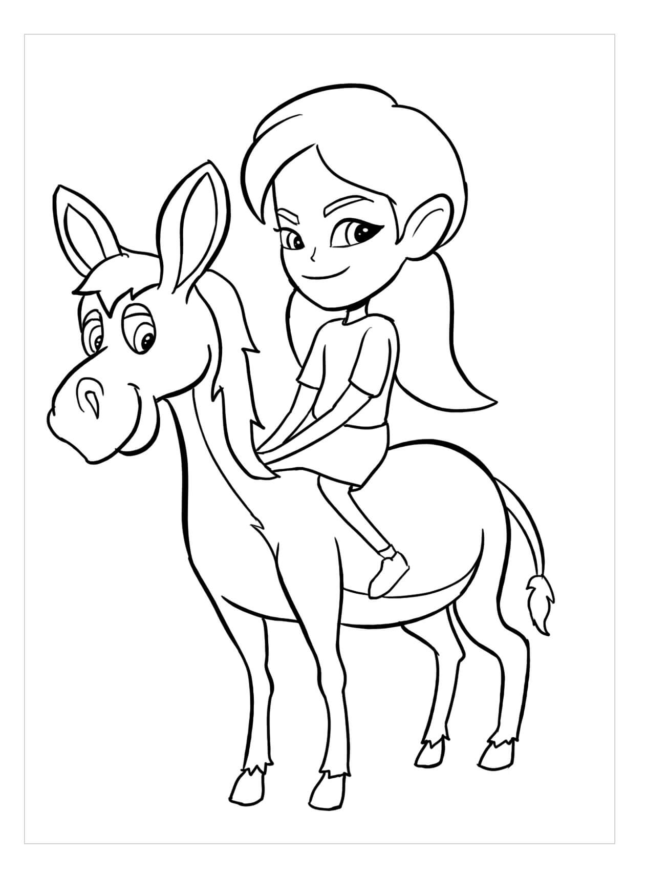 Dibujo de Caricatura Niña Equitación Burro para Colorear y Imprimir