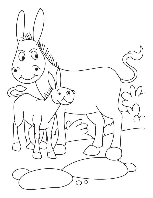 Dibujo de Madre Burro Basíco y Bebé Burro para Colorear y Imprimir
