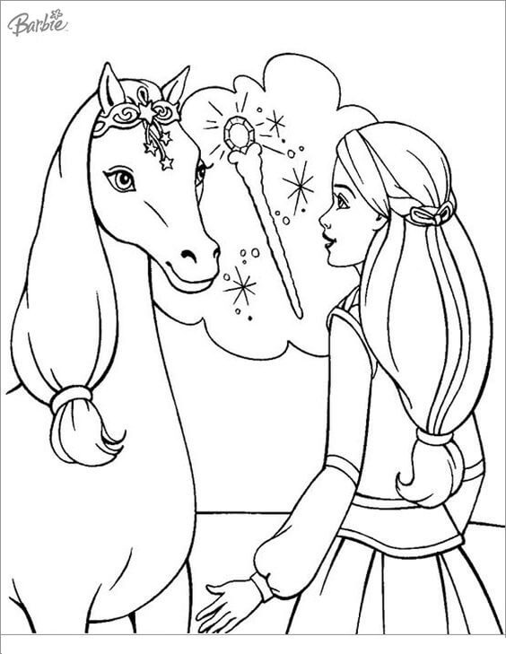 Dibujo de Barbie Hablando Con El Caballo para Colorear y Imprimir