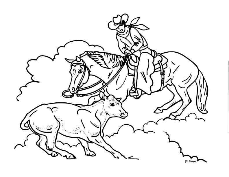 Dibujo de Hombre Montando Un Caballo y Una Vaca para Colorear y Imprimir