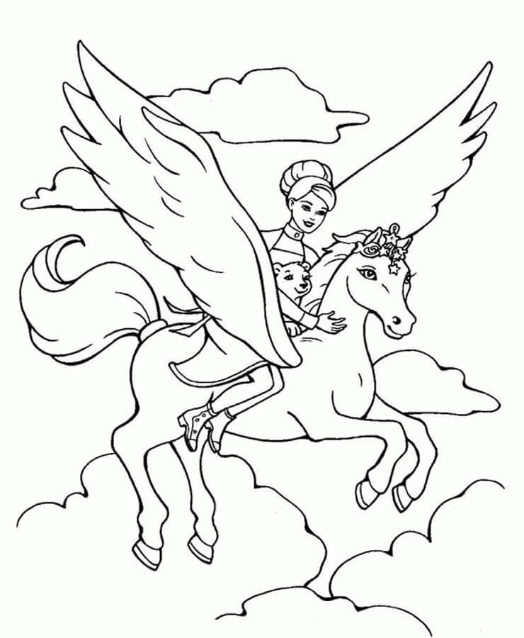 Dibujo de Princesa y Perro Montando Un Caballo Volador para Colorear y Imprimir