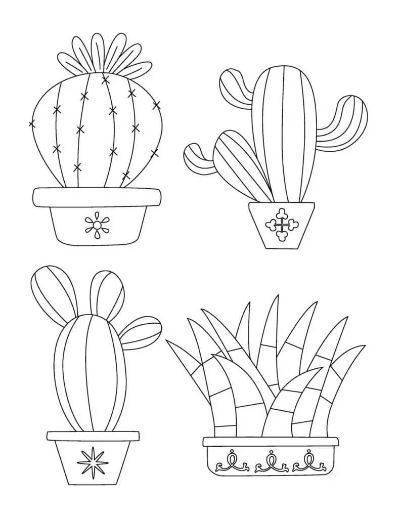 Dibujo de Cactus Basíco de Cuatro Macetas para Colorear y Imprimir