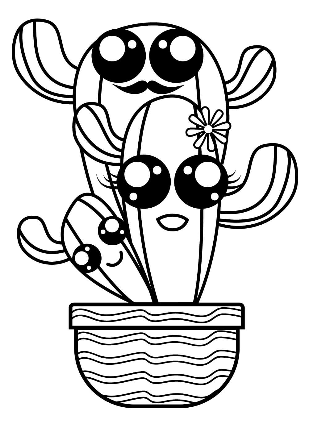 Dibujo de Cactus En Maceta Kawaii para Colorear y Imprimir