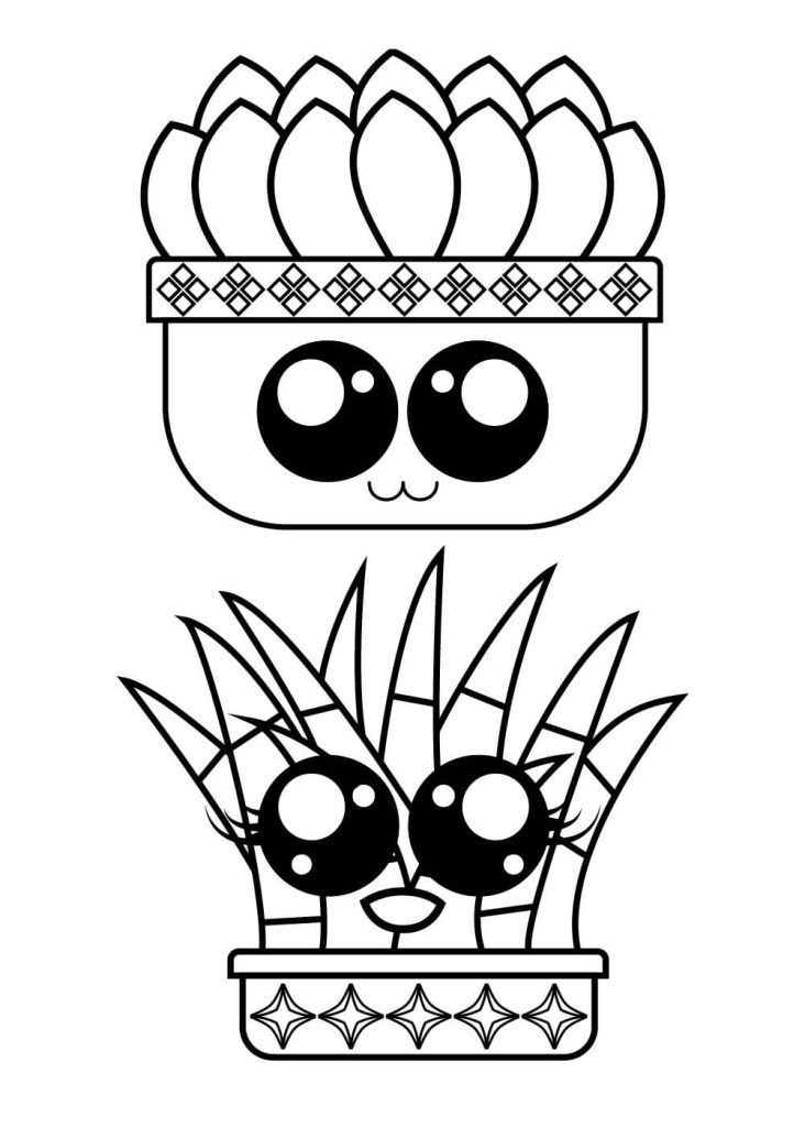 Dibujo de dos Cactus En Maceta Kawaii para Colorear y Imprimir