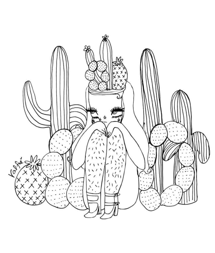 Dibujo de Estetica de Niña y Cactus para Colorear y Imprimir