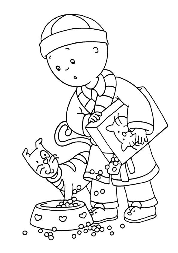 Dibujo de Caillou Alimentando Al Gato para Colorear y Imprimir